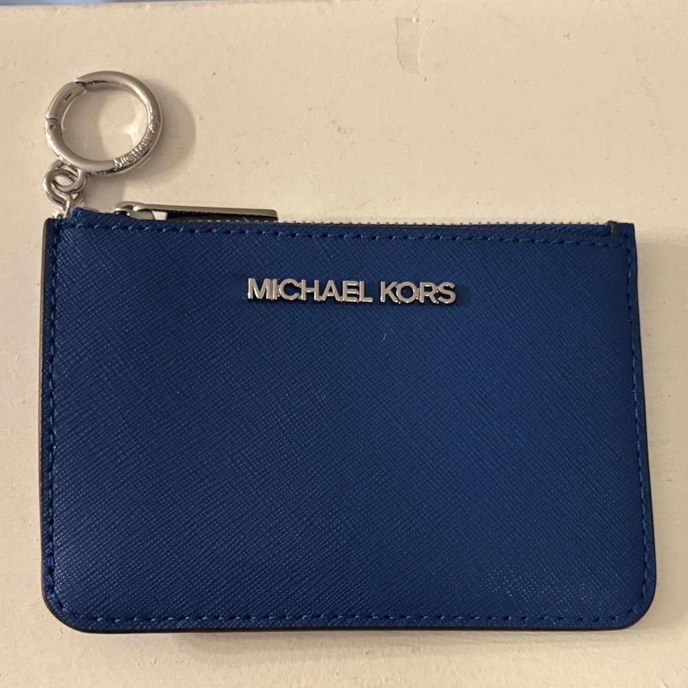NWT Michael Kors Royal Blue Saffiano Leather Zip Card Case with Keyring